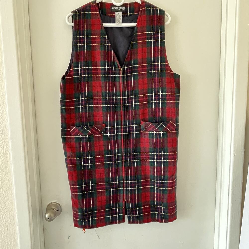 SAG HARBOR Size 10 Red Black Plaid Wool Blend Jumper Dress Button Front